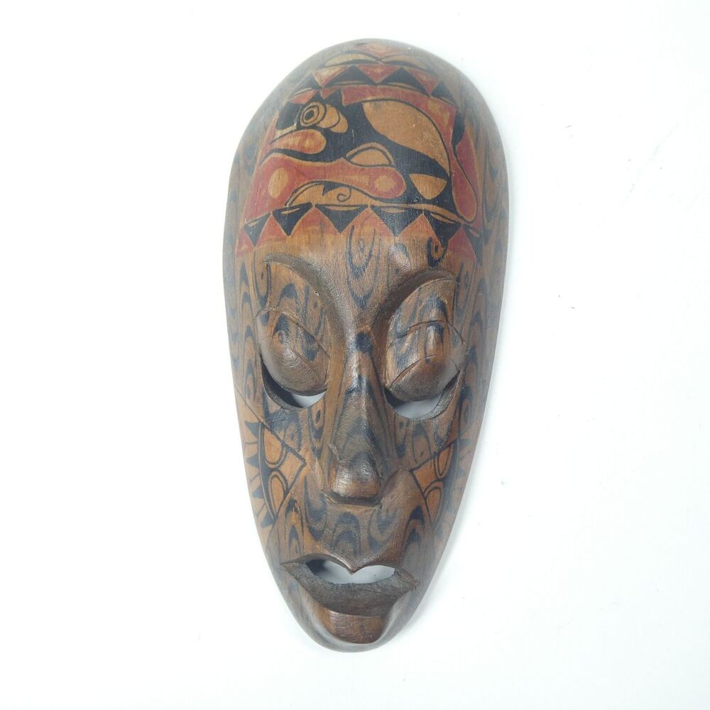 Indonesian Wooden Mask Hand Carved Painted Decorative Vintage